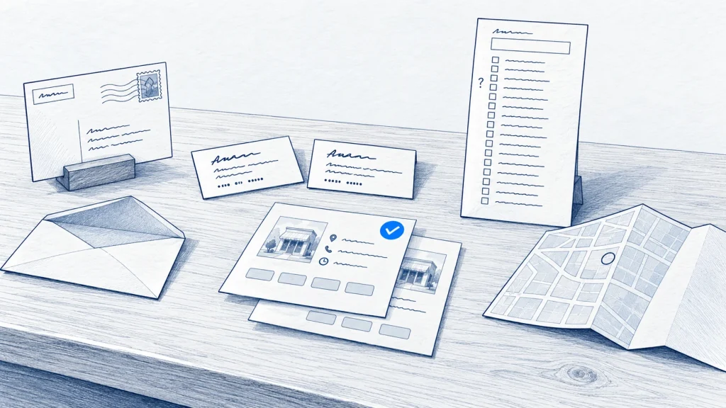 Five common causes of citation delays, from postal verification to business location A desk with a postcard, two mismatched business cards, two overlapping listings, a long category form, and a map.