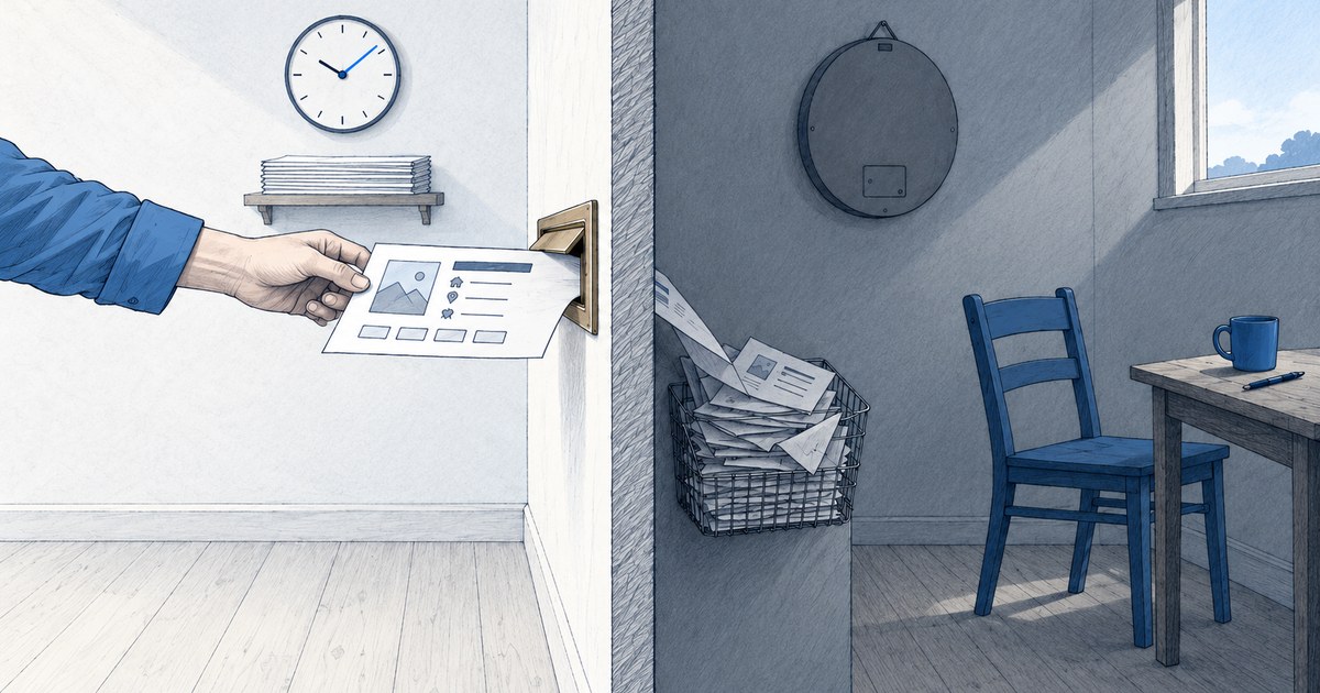 A hand posts a listing through a wall slot into a basket on the other side, beneath a clock with its face turned away.
