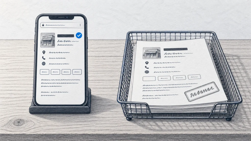 The same business listing shown twice, live on a phone screen and printed in a wire tray marked pending.