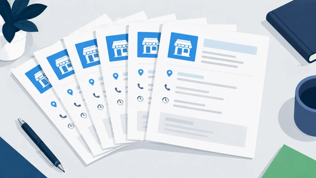 Six printed listing pages fanned out on a desk, each showing the same shopfront icon and details.