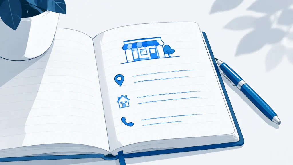 An open notebook with a drawn shopfront and location, home and phone icons beside handwritten lines.
