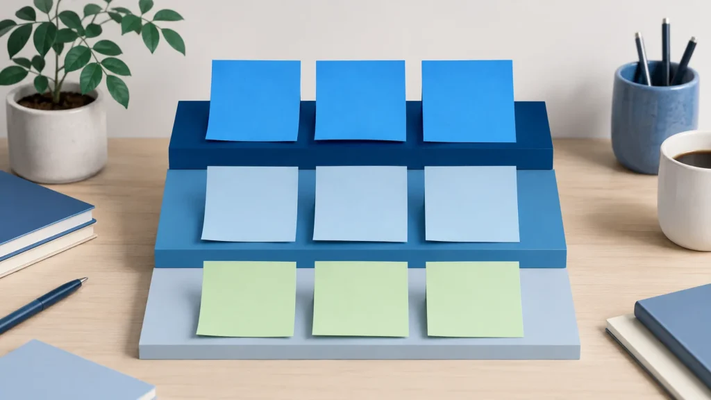 Nine blank sticky notes arranged in three rows on stepped blue trays on a desk.