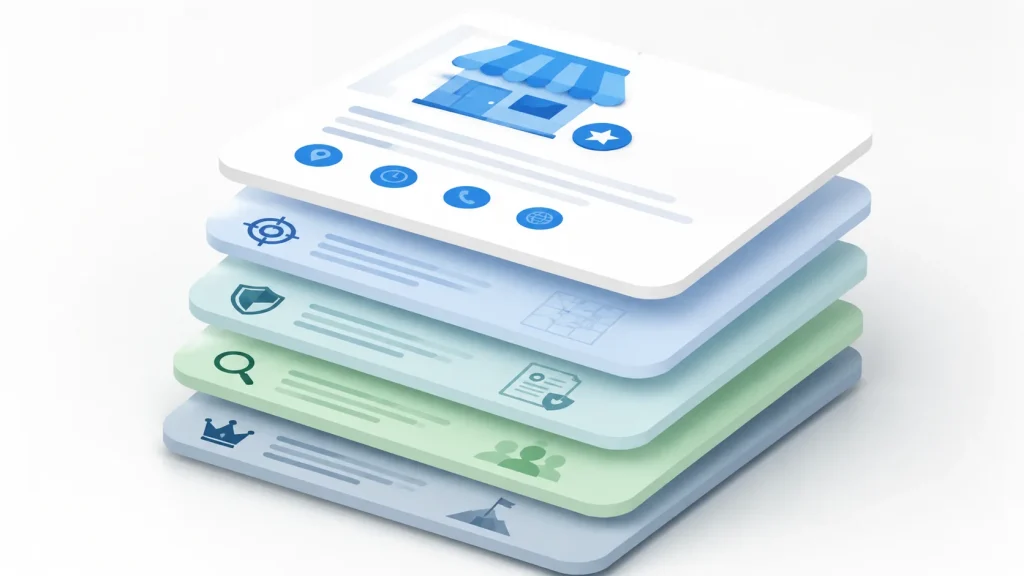 A business listing card resting on four stacked layers, each with its own icon.