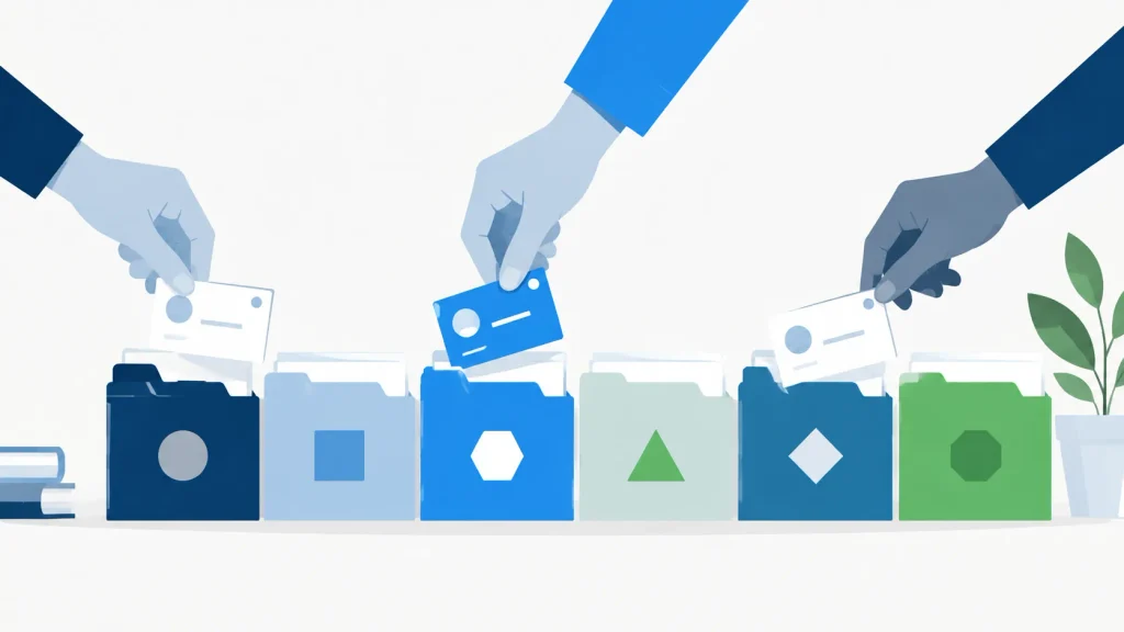 Hands filing business record cards into a row of colored folders.