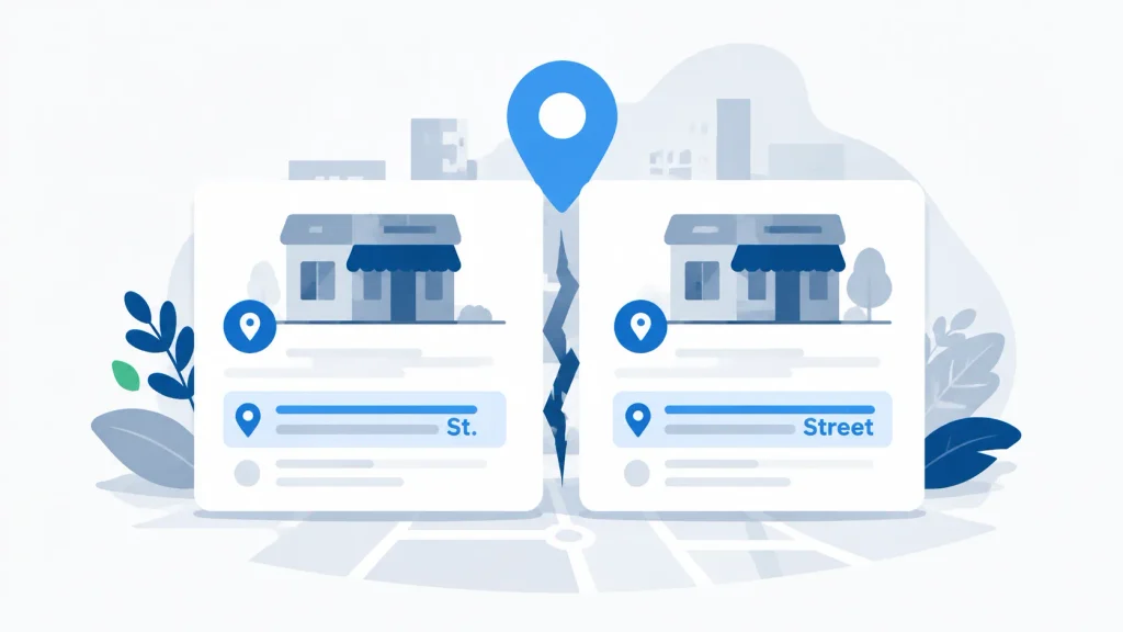 Two listing cards for one business, split by a crack, one reading St. and one reading Street.