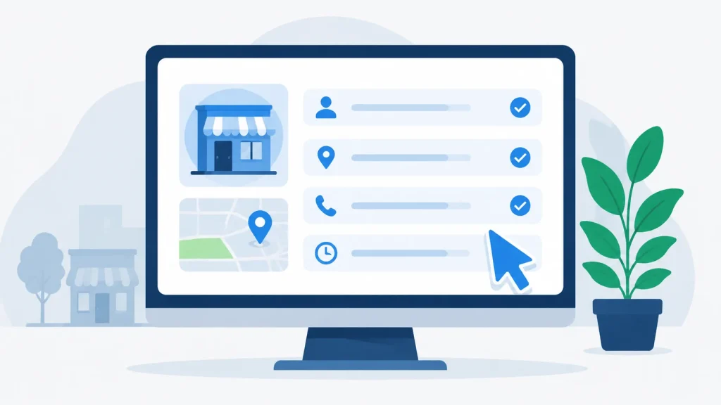 A listing form on screen showing name, address, phone, and hours fields, each ticked.
