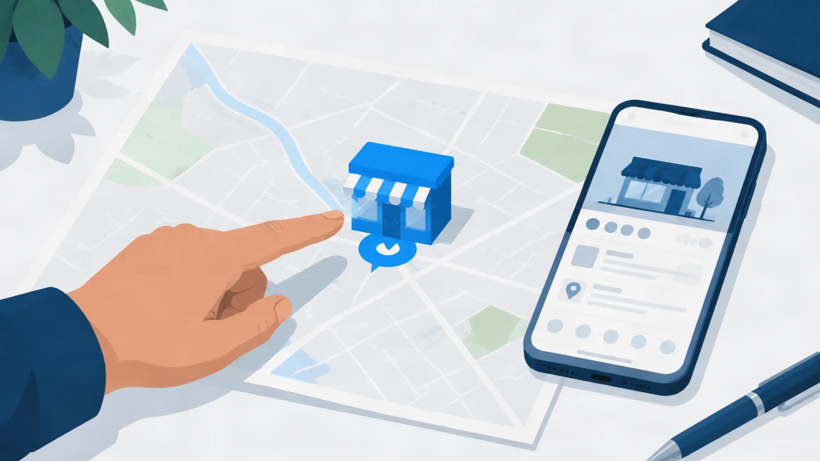 A hand pointing at a shopfront marker on a printed street map beside a phone showing a listing.
