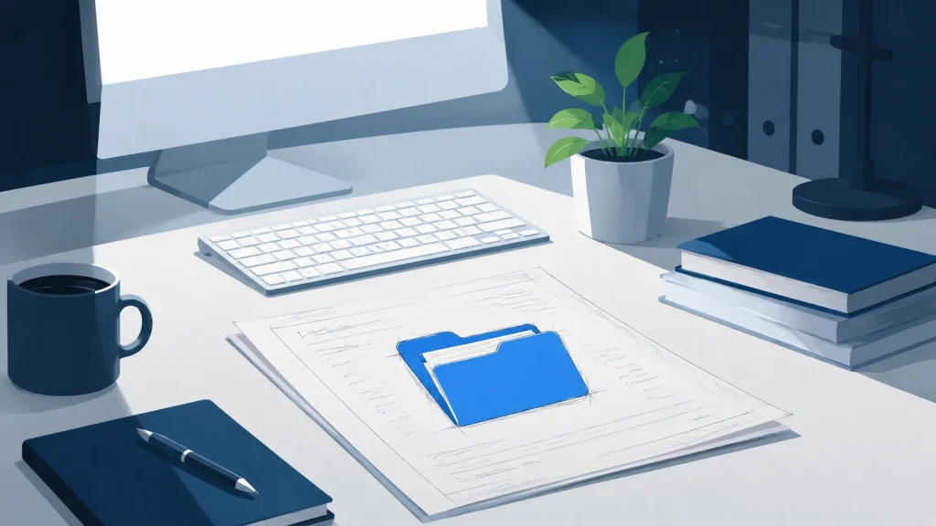 A blue folder sitting on a printed document on a desk beside a keyboard and a mug.