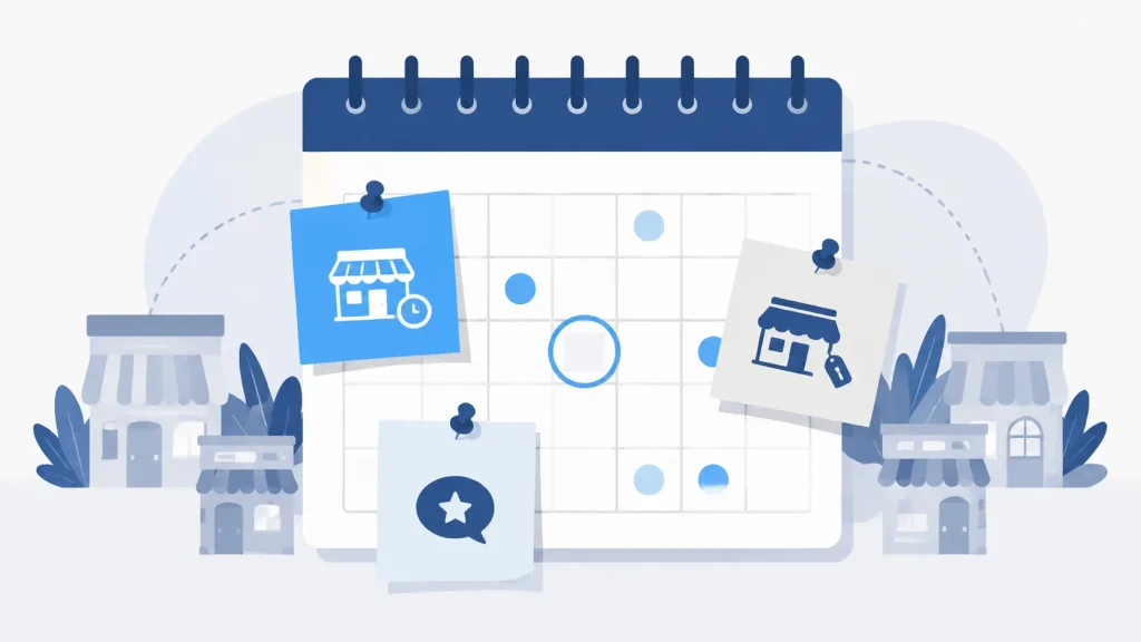A wall calendar with three pinned notes, storefronts standing either side of it.