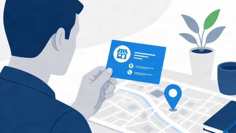 A person holding a business listing card above a street map on a desk.