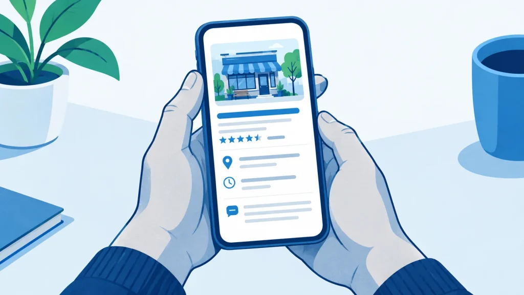 Smartphone displaying AI-powered search result with business name, address, and hours
