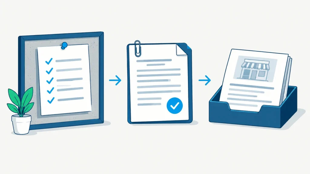 Sequential arrangement of audit, correction, and build materials showing proper local citation workflow order