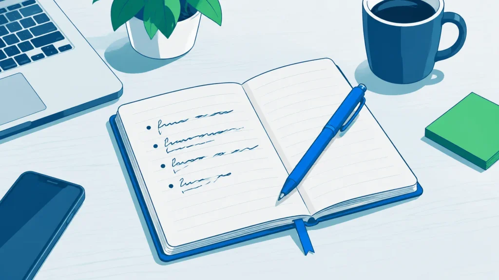 A prepared checklist of business details written in a notebook before submitting to local directories.