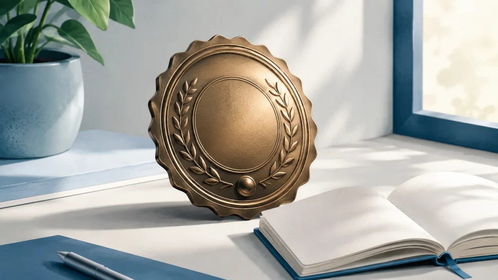 A business accreditation badge beside a framed certificate, shown close up.