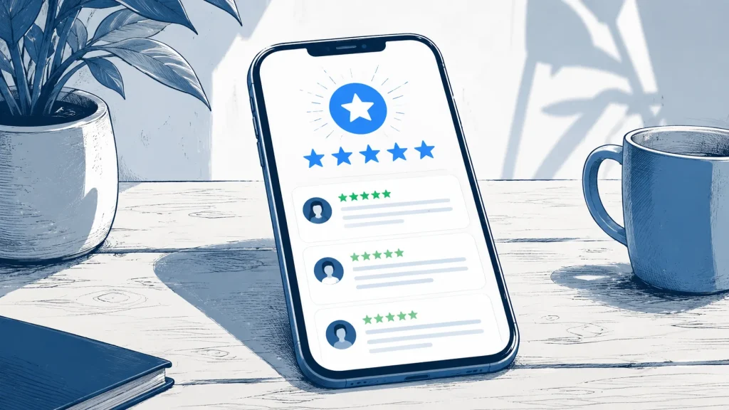 A smartphone showing a business profile with customer reviews and star ratings.