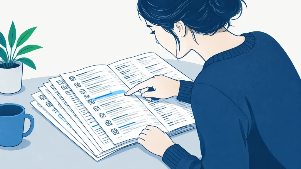 Person tracing business name across multiple printed directory listings