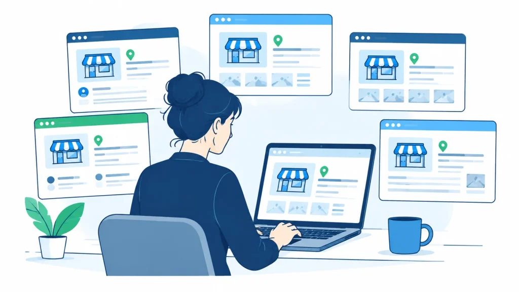 A laptop displaying multiple local directory listings being reviewed for consistency across business details.