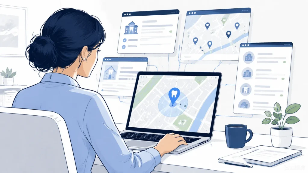 Dental practice manager viewing their clinic's local business profile on Google Maps and online directories
