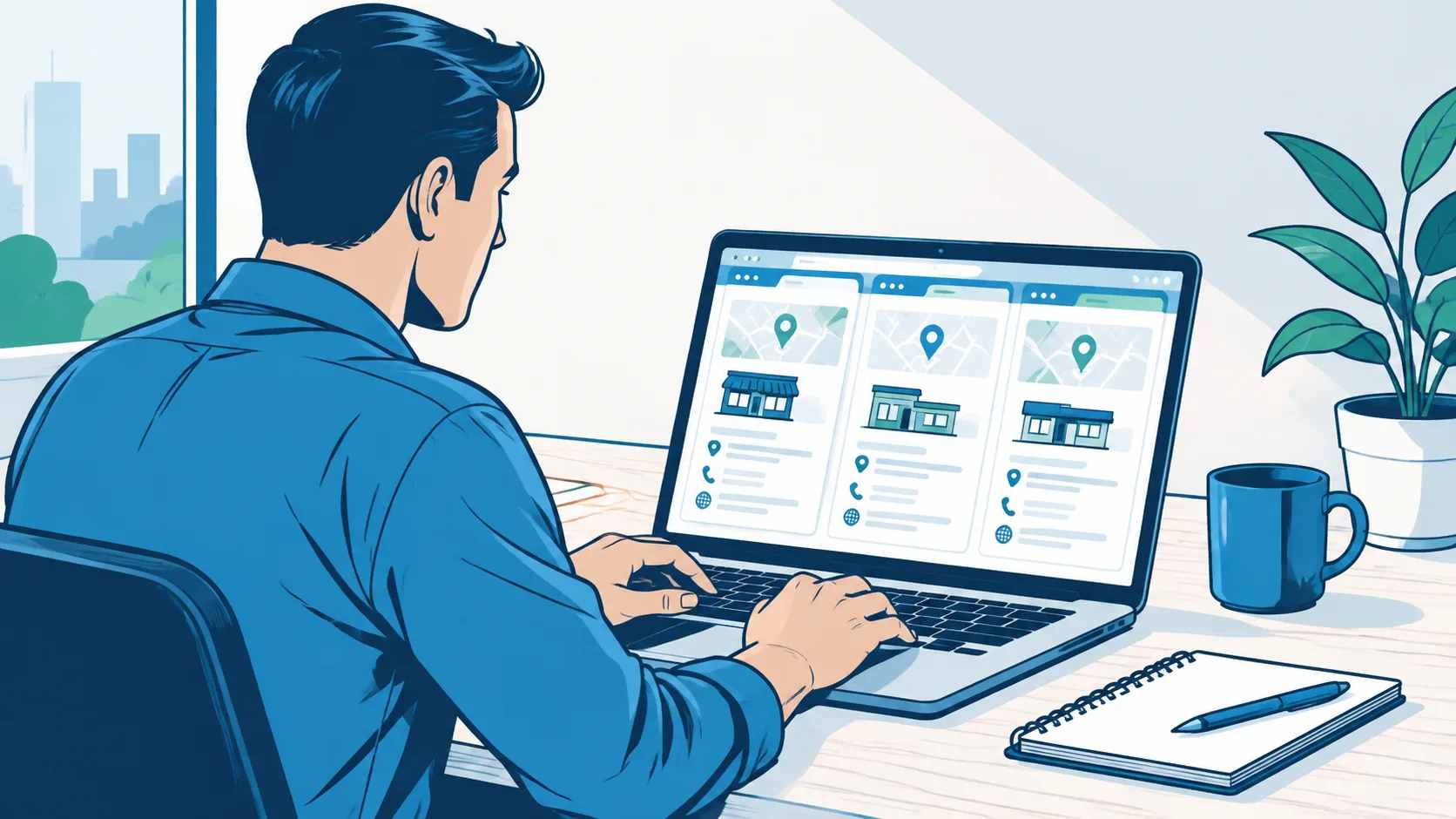Business owner checking local citations across multiple online directories on a laptop