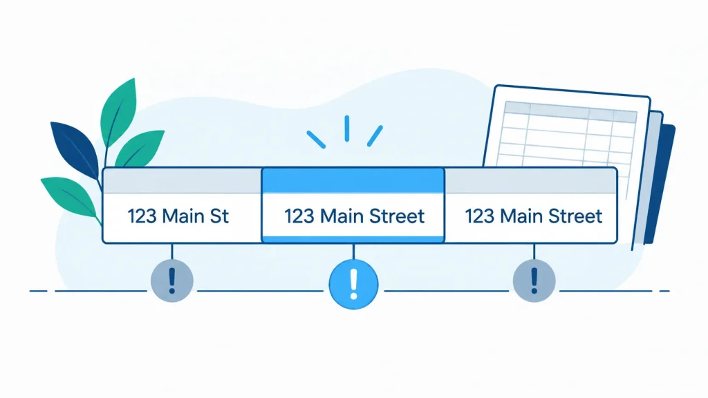 Spreadsheet comparing inconsistent address formatting across business directories