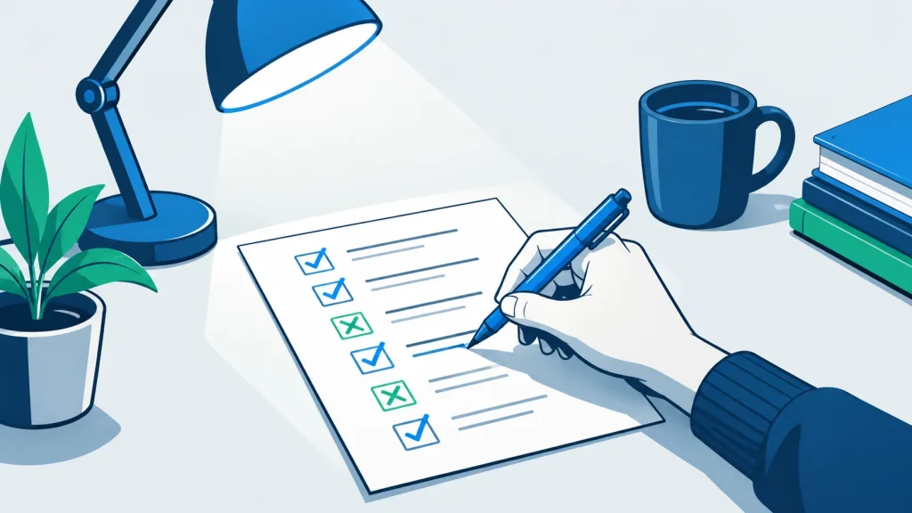 Testing methodology shown through checkmarks and notes on a page, representing systematic evaluation over published lists