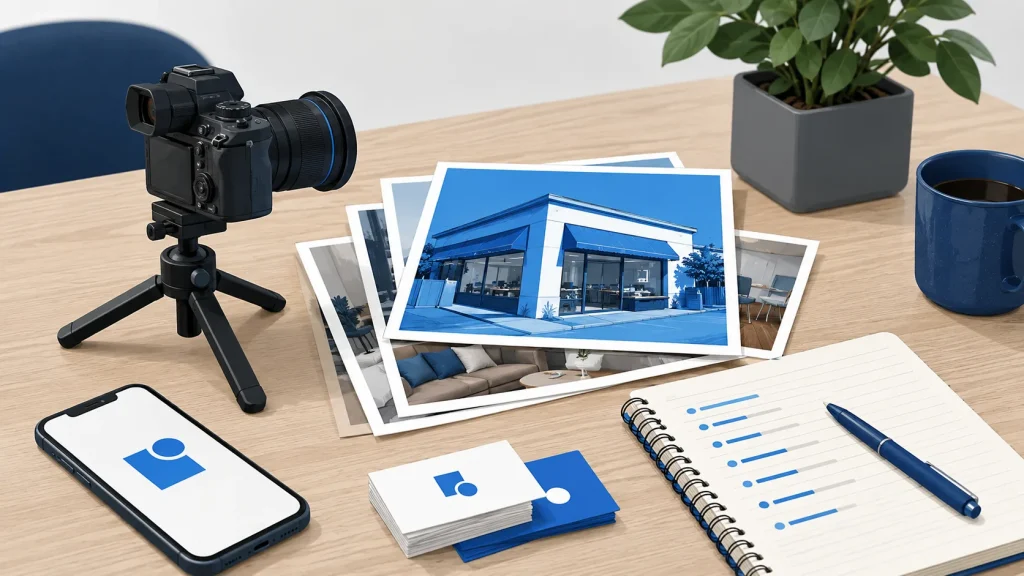Business photos, cards and a checklist laid out on a desk before a profile optimization.
