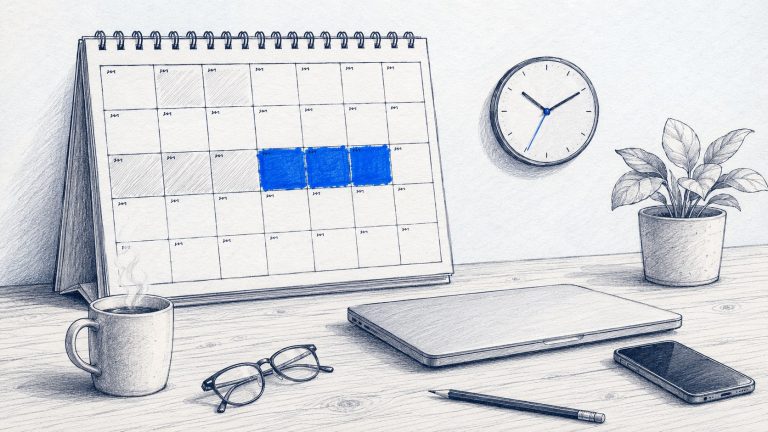 A desk calendar with three days marked in blue, beside a laptop, mug and wall clock.