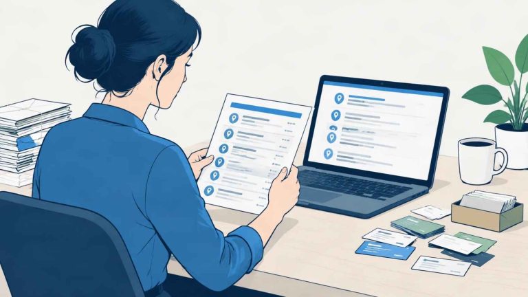 Business owner reviewing local citation audit with printed and digital records on desk
