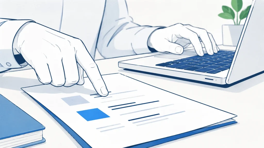 Person working through an optimization checklist step-by-step with one hand on the checklist and other at keyboard