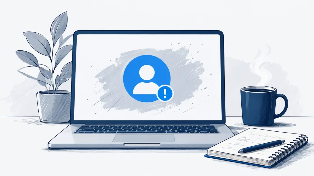 Troubleshooting session at a desk with laptop showing a business profile problem and notes documenting common issues