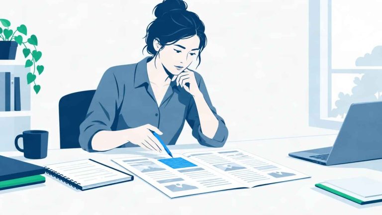 Business owner reviewing local directory listings at desk with notes and comparison materials