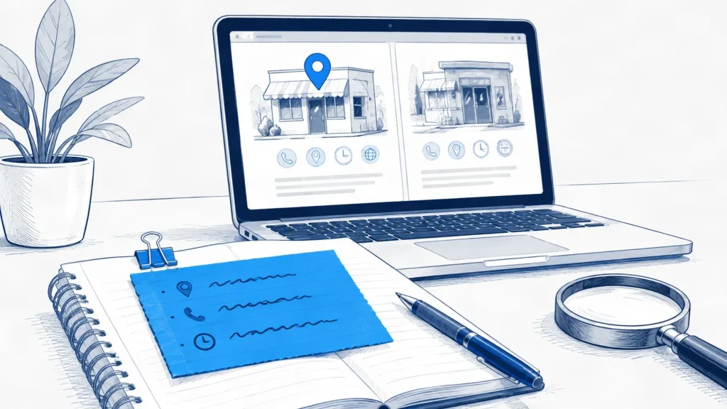 A reference NAP card next to a laptop comparing business listings across multiple directory platforms.