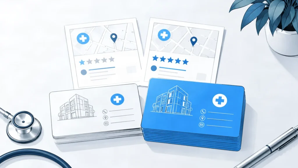 Medical clinic business cards next to screenshots of its Google and Yelp listings with inconsistent information