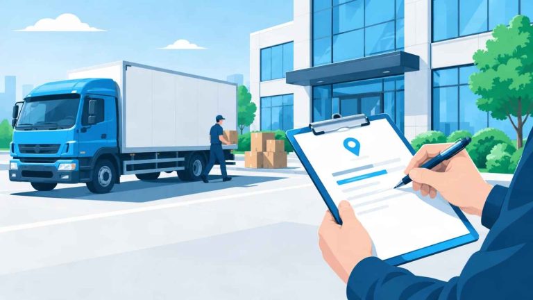 Moving company worker updating business address on clipboard