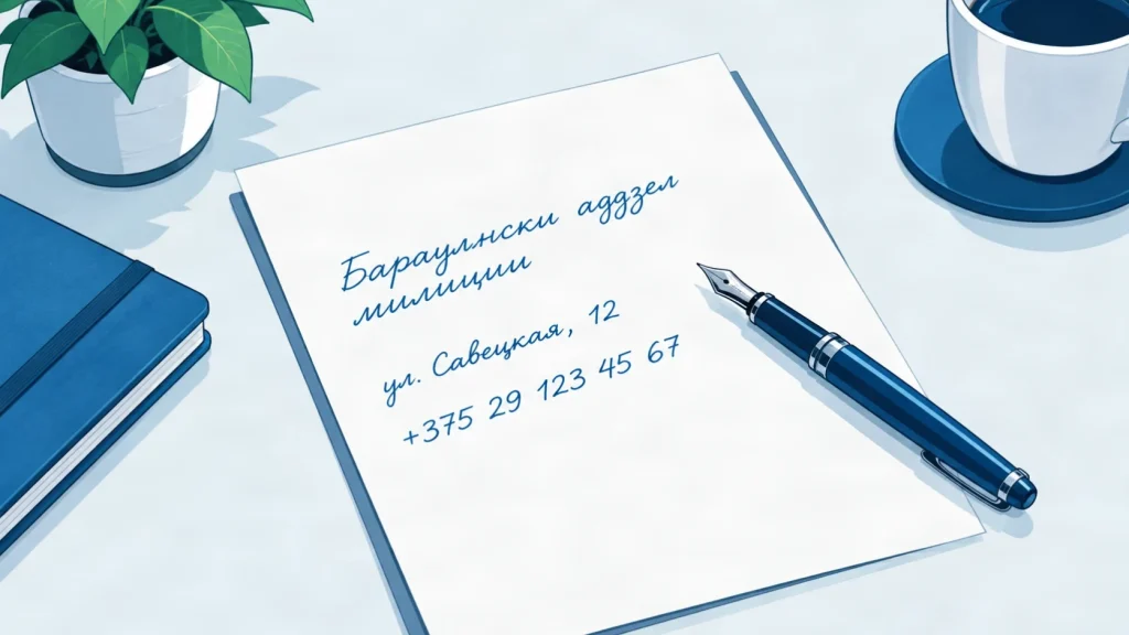 A business name, address and phone number written out on paper beside a fountain pen.
