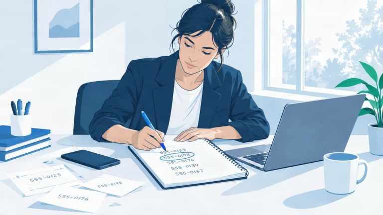 Business owner organizing old and new phone numbers before updating business listings across directories