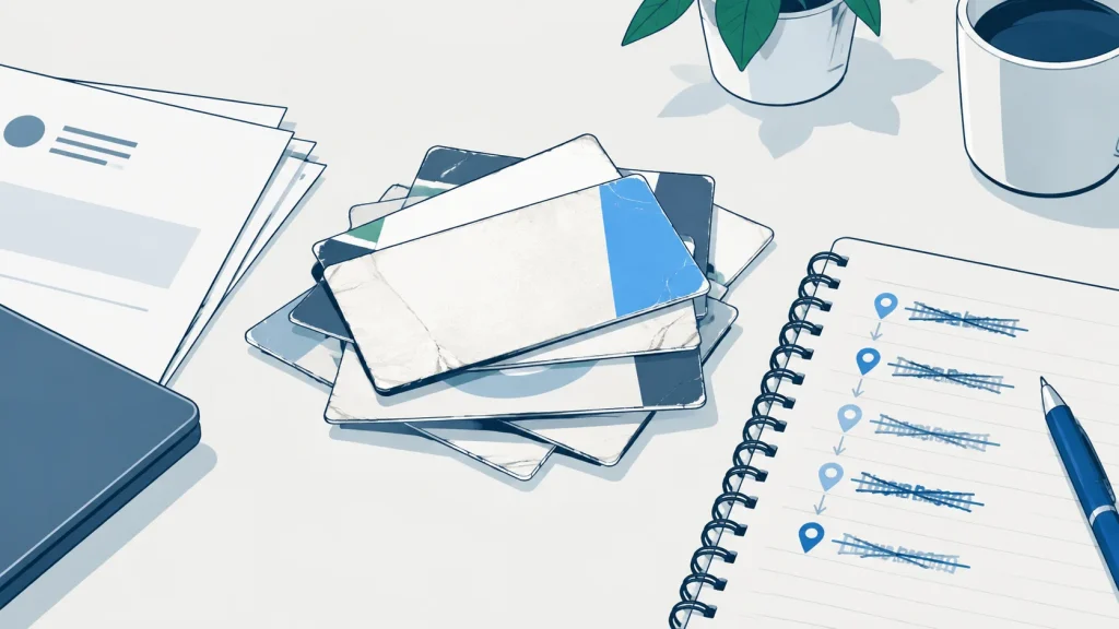 Outdated business cards and letterheads revealing past address changes and data inconsistencies