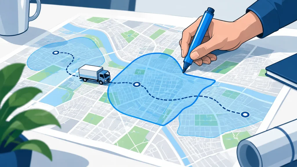 City map showing service-area boundaries for moving company coverage zones
