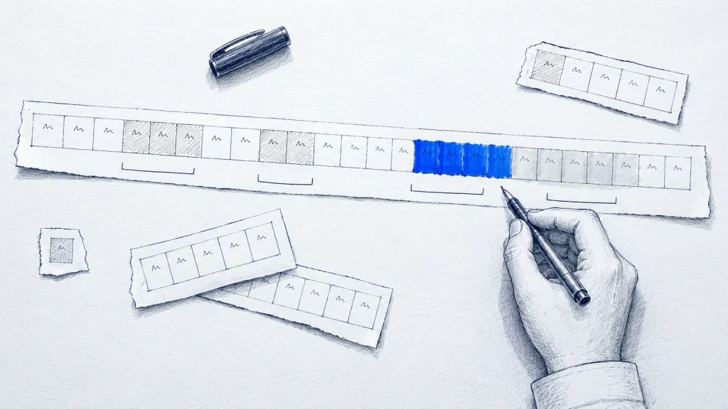 A hand with a pen above a paper strip of day cells, four sections marked differently.