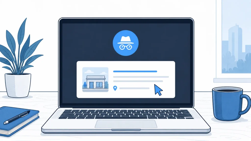 Browser incognito session verifying updated business address appears in search results