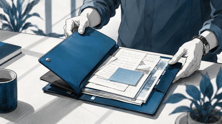 A business owner sorting listing paperwork in an open folder at a desk.