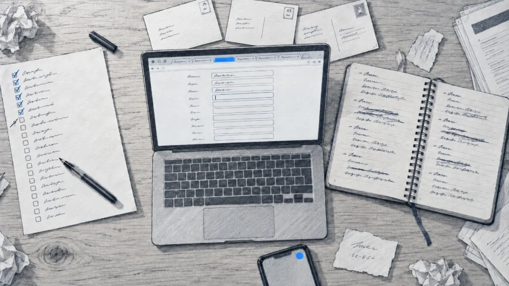 A numbered list of six steps for a single directory listing, from finding the directory to recording the login.