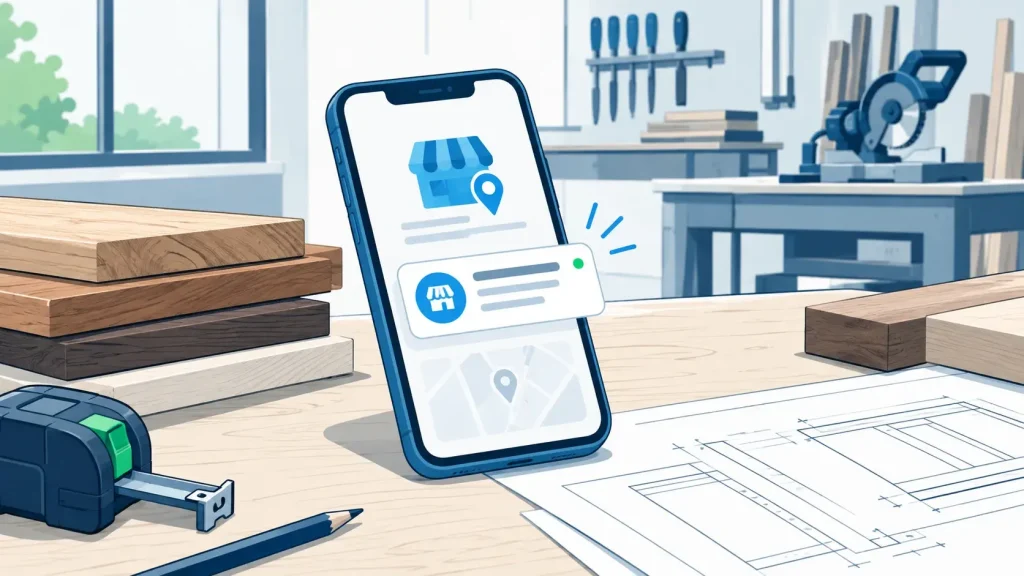 Woodworking workshop with phone displaying Google Business Profile notification among timber and sketches